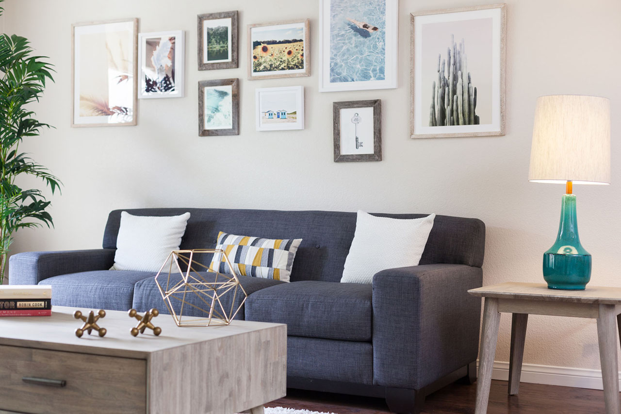 Generic Living Room with a big couch and decorative wall