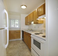 view of kitchen with wood furtinture and white appliances
